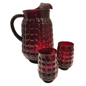 Anchor Hocking Bubble Ruby Red Elegant Glass 64oz 8" Ice Lip Pitcher W/2 Glasses